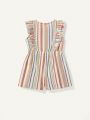 Cozy Cub Baby Girl Colorful Striped Square Neckline Ruffles & Bowknot Decorated Romper Shorts