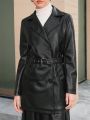 Anewsta Solid Color Double Breasted Belted Coat
