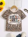 Girls' (little) Leopard Print Letter Pattern Short Sleeve T-shirt