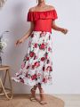 Women'S Solid Color Ruffle Trim One-Shoulder Top And Floral Printed Midi Skirt Set