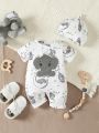 SHEIN Newborn Baby Boys' Casual Cute Cartoon Elephant Pattern Round Neck Short Sleeve Romper With Shoulder Snaps, Shorts And Hat