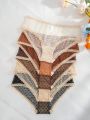 Women's Heart Print Mesh Gauze Lace Trimmed Thong Panties (5pcs/Pack)