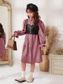 SHEIN Girls' Elegant Loose Fit Pu Spaghetti Straps & Corduroy Patchwork Shirt Dress