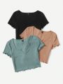 SHEIN CURVE+ Plus Size Women's Short Sleeve 3pcs/Set  Notch V-Neck  Lettuce Trim  T-Shirt With Cutout Detail  Top