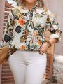 Plus Size Women's Tropical Plant Printed Long Sleeve Shirt