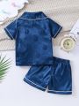Baby Boy Cloud & Sailboat Design Satin Jacquard Contrast Color Rolled Edge Short Sleeve Shirt And Shorts Set, Pajamas & Lounge