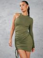 SHEIN BAE Solid Colored Irregular Side Drawstring Tight-Fitting Hip Package Dress