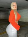 SHEIN SXY Women's Plus Size Orange Knitted Sweater Pullover