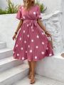 Women'S Polka Dot Print Pleated Hem Belted Midi Dress