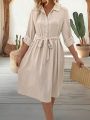 Ladies' Solid Color Roll-Up Sleeve Belted Dress