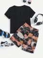 SHEIN Kids EVRYDAY Young Boys' Casual Graffiti Print 2-Piece Outfit