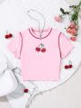 SHEIN Teen Girls' Knit Solid Color Cherry Pattern Casual T-Shirt