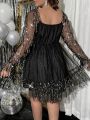 Plus Size Glitter Patchwork Sweetheart Neckline Dress