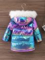 SHEIN Baby Girl Holographic Fuzzy Trim Hooded Puffer Coat Without Sweater