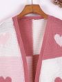 Teen Girl Heart Pattern Colorblock Drop Shoulder Duster Cardigan