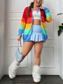 SHEIN Qutie Plus Color Block Drop Shoulder Pointelle Knit Cardigan