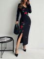 SHEIN Privé Floral Print V-Neck High Slit Dress