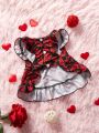 Maria Clara Maia 1pc Black And Red Love Print Cute Pet Dog/Cat Common Style Skater Dress With Cap Sleeves