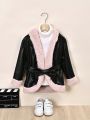 Young Girl Contrast Color Teddy Panel Pu Leather Belted Jacket