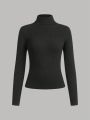 SHEIN Teen Girls' Knitted Solid Color Slim Fit Turtleneck Casual Long Sleeve T-Shirt, 2pcs/Set