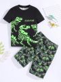 SHEIN Tween Boy Snug Fit  Casual Fluorescent Dinosaur Round Neck Short Sleeve T-Shirt And Shorts Homewear 2pcs/Set