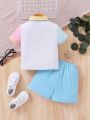 SHEIN Baby Boys' Colorblock Polo Short Sleeve Top With Elastic Waist Shorts Set