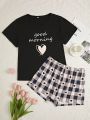 Plus Size Letter, Plaid & Heart Print Pajama Set