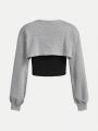 SHEIN Tween Girls' Slim-Fit Oversized Colorblock Round Neck Long Sleeve Sweatshirt With 2 In 1 Design