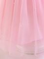 Little Girls' Romantic Pink Tulle Dress With Butterfly Bowknot & Pearl Decor, Ideal For Birthday & Party