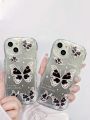 1pc Black Butterfly & Ombre Glitter Decor Tpu Phone Case With Card Slot Compatible With Iphone