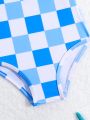 Baby Girl Blue & White Plaid & Printed Mesh Patchwork Swimsuit With Headband