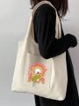 CoCoArtUa Women's Cartoon Animal & Letter Printed Canvas Tote Bag, Shopping Bag