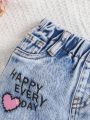 SHEIN Baby Girl's Water Washing Blue Y2k Style Pink Heart & Letter Print Fashionable Cool Ripped Jeans