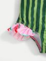SHEIN Baby Girl Cute Cartoon Watermelon Pattern Flying Sleeve One-Piece Swimsuit