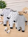 Baby Boys' Cute Panda Stripe & Embroidery Design Simplistic Three-Color Jumpsuit Set, Black White Gray