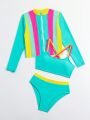 Girls' (Big) Color-Block Striped Long Sleeve T-Shirt And Swimsuit Set