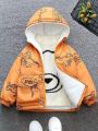 Young Boy Dinosaur Pattern Fleece Lined Zipper Hooded Jacket For Warmth
