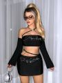 SHEIN ICON Diamond-Studded Letter Pattern Flared Sleeve Crop Top And Mini Skirt Set