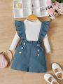 SHEIN Baby Girl Ruffle Trim Button Detail Overall Romper Without Tee