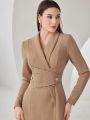 SHEIN Modely Solid Color Shawl Collar Long Sleeve Dress