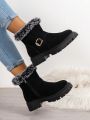 Women's Comfortable Winter Short Boots, Chunky Heel, Thick Sole, Warm And Furry Fashionable Shoes