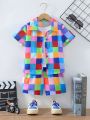 Young Boys' Leisure Holiday Style Linen Imitation Multicolor Plaid Two-Piece Set