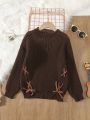 Little Girls' Coffee Brown Casual Loose Butterfly-knot Sweater For Autumn & Winter