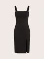 SHEIN BASICS Women'S Solid Color Slim Fit Dress With Front Slit