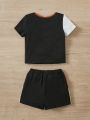 SHEIN Baby Boy's Letter Print Color Block Short Sleeve T-Shirt And Shorts Set