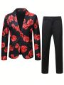 Men Floral Print Single Button Blazer & Suit Pants