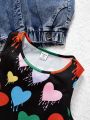 SHEIN Kids Y2Kool Girls' Love Heart Print Knit Asymmetric Hem Tank Top For Kids & Teenagers, Cute & Cool Sleeveless Knit Vest Top For Daily Wear