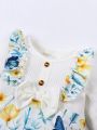 Baby Girls' Elegant Butterfly & Floral Printed Romper With Cute Bowknot