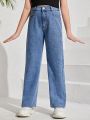 Girls' Basic Casual Everyday Mid-blue Wash Slim Fit Straight Leg Jeans