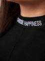 SHEIN Mulvari Plus Size Women's Letter Print Stand Collar Long Sleeve T-Shirt